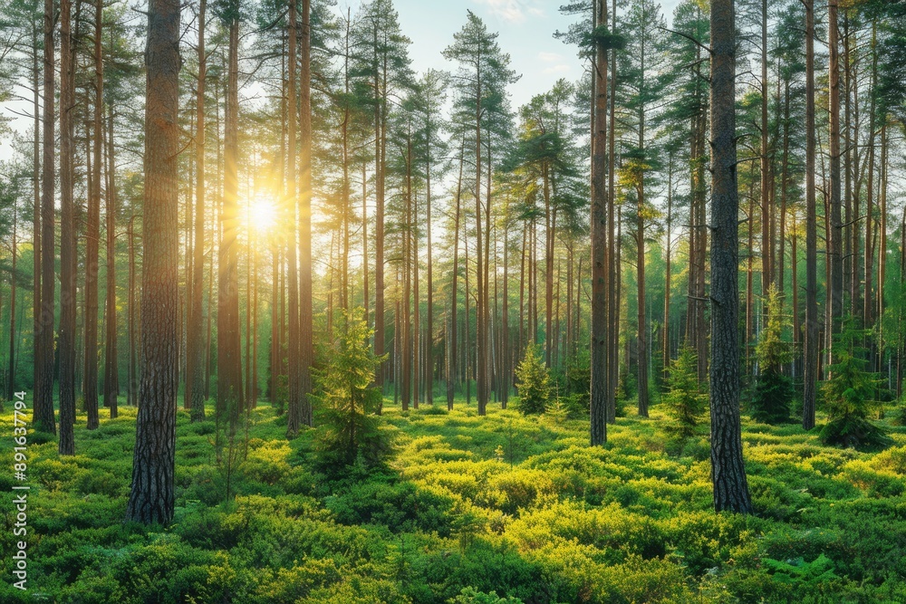 Obraz premium Sunlight filtering through tall pine trees in a lush green forest casting golden rays on the ground