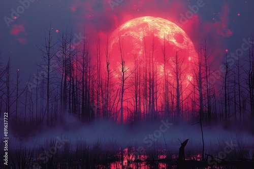 A crimson moon illuminates a dark forest casting an eerie glow on the barren trees and misty marsh b photo