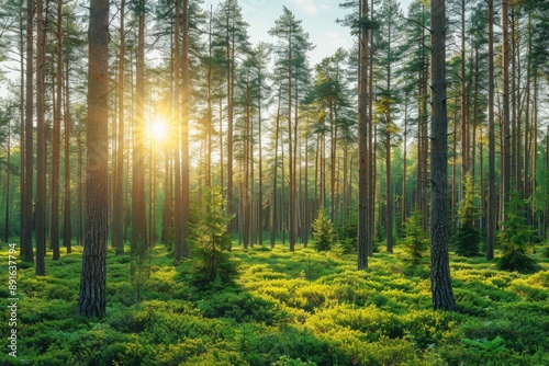 Fototapeta Naklejka Na Ścianę i Meble -  Sunlight filtering through tall pine trees in a lush green forest casting golden rays on the ground