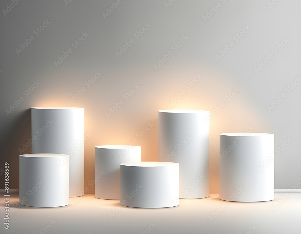 podium background. Realistic level white cylinder pedestal set with light and shadow wall scene.