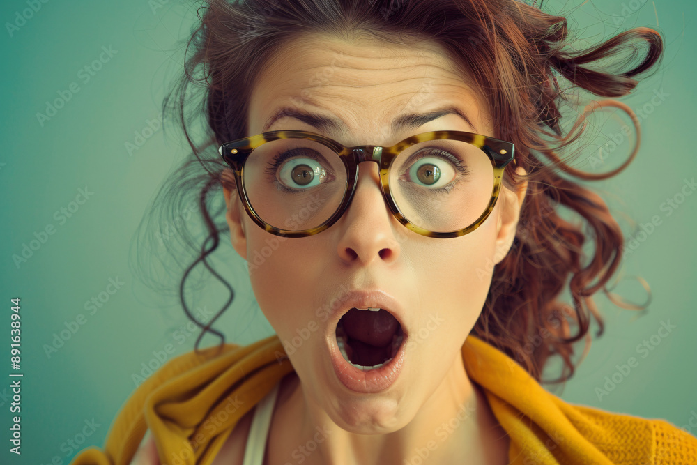 Woman with glasses and curly hair, wearing a yellow top, with a surprised and shocked expression on her face Woman with glasses and curly hair, wearing a yellow top, with a surprised and shocked expression on her face