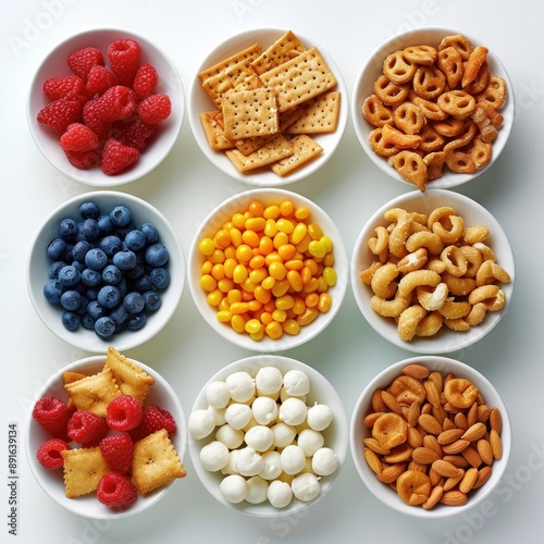 A colorful collection of snack foods set against a plain white background. This assortment includes a mix of crunchy, chewy, and sweet items, each positioned to highlight their textures and vibrant