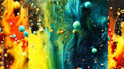 Vibrant abstract 3D paint splashes in motion with yellow, blue, and green colors on a dark background