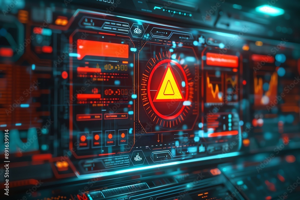 Naklejka premium A digital dashboard with a prominent red warning alert, symbolizing a system error or critical notification, set against a futuristic background