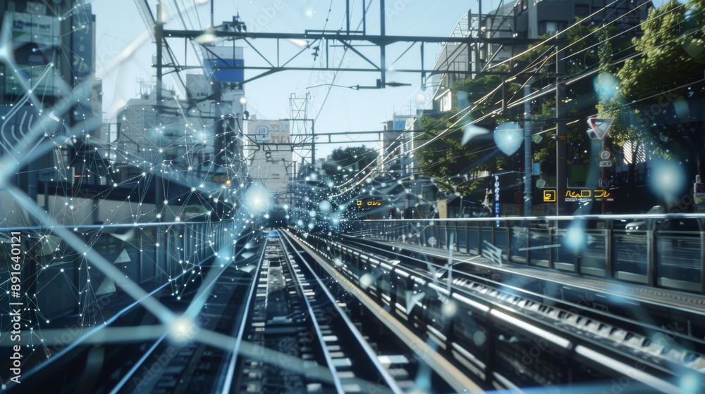 Digital nodes scatter across a railway track surrounded by urban foliage, creating a stunning visualization of technology interwoven with natural elements in a cityscape. Digital nodes scatter across a railway track surrounded by urban foliage, creating a stunning visualization of technology interwoven with natural elements in a cityscape.