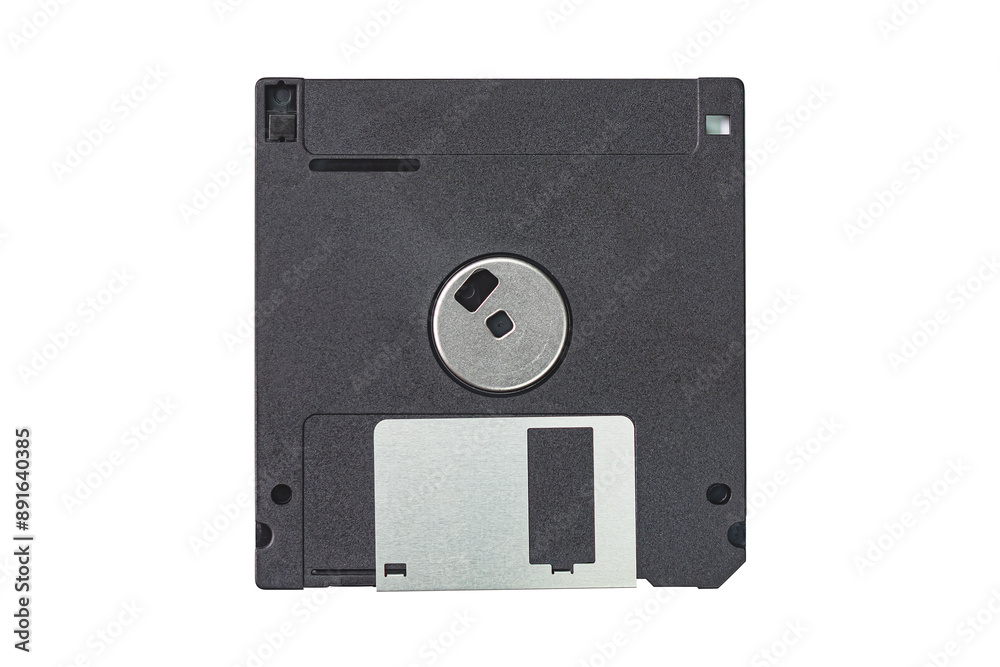 Top view of old data storage technology black floppy disk isolated on white background with clipping path.