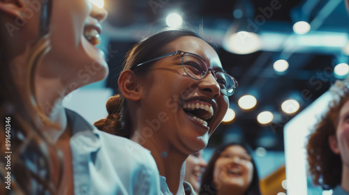 Conference attendees share a laugh, capturing the lighter side of professional life.