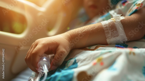 A child’s hand adorned with a carefully secured IV line, resting on a floral blanket in a warmly lit hospital bed. photo