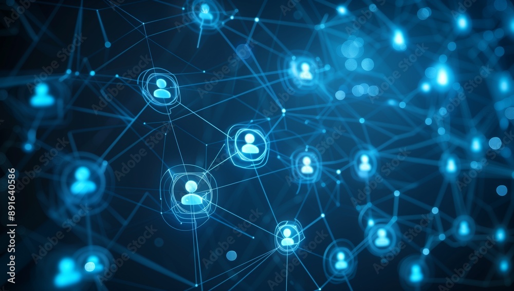 Fototapeta premium Global communication tech concept with glowing icons on blue gradient.