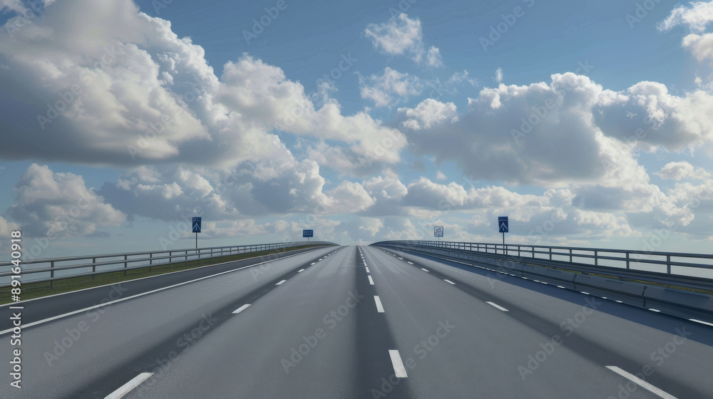 Fototapeta premium An empty highway stretches into a captivating sky filled with billowing white clouds, suggesting a sense of freedom and endless possibilities.