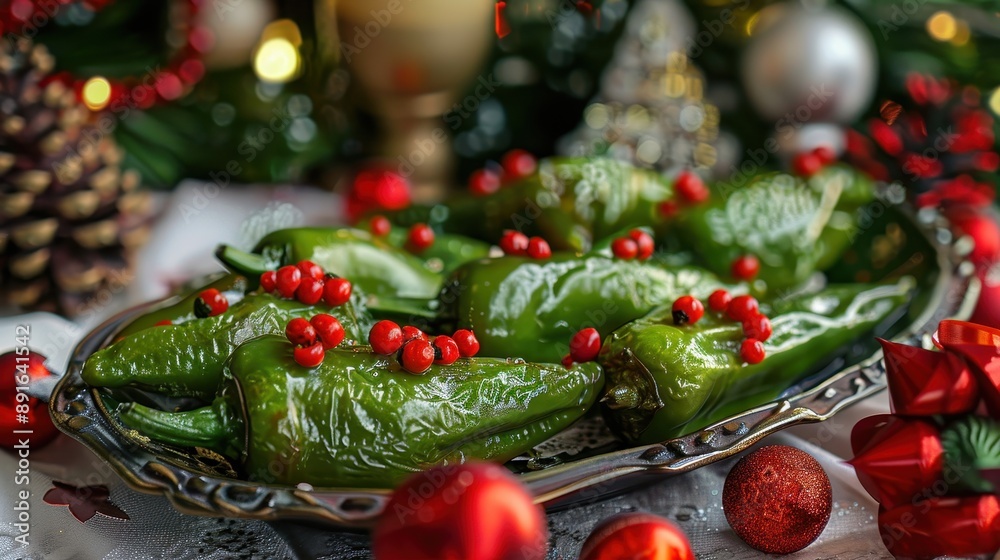 Festive green bell peppers and red berries on an elegant silver plate, surrounded by holiday decorations. Festive green bell peppers and red berries on an elegant silver plate, surrounded by holiday decorations.
