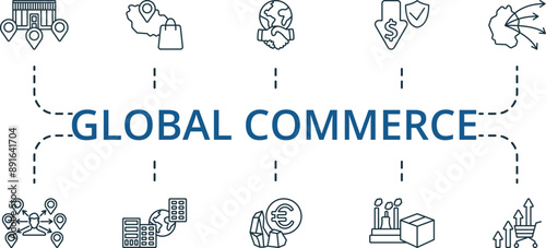 Global Commerce thin line icon set. Monochrome simple Global Commerce icon collection. Franchising, Free Trade Zone, Global Engagement, Cost Insurance, Direct Exporting, Distributor, Foreign Branch