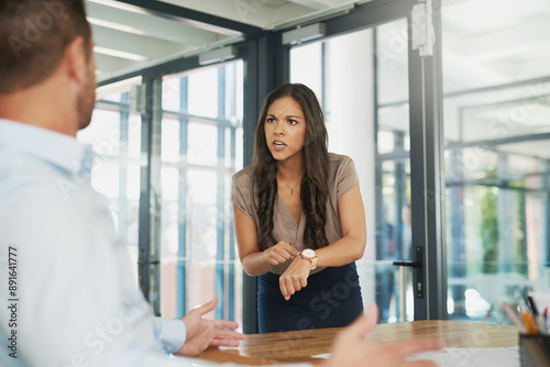 Business, woman and scolding with late employee, time management and man undermining female manager. Workplace, crisis and punctuality issue with gender bias, corporate policy and reprimanding
