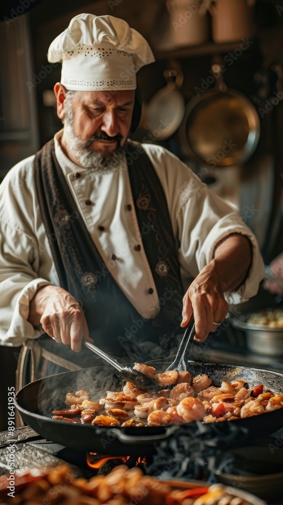 Professional chef skillfully cooks delicious food in a large pan in a rustic kitchen, with an iron pot and kitchenware in the background. Professional chef skillfully cooks delicious food in a large pan in a rustic kitchen, with an iron pot and kitchenware in the background.