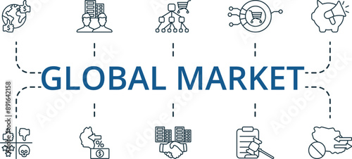 Global Market thin line icon set. Monochrome simple Global Market icon collection. Distributor, Foreign Branch, Hard Currency, Industrial Goods, Market Potential, Swot Analysis, Protective Tariffs