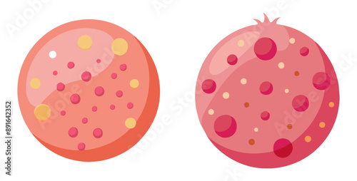 Wallpaper Mural  image features two vector illustrations of acne. Each illustration depicts a circular face with various types of acne spots, including pimples and blemishes, in shades of pink and red. Torontodigital.ca