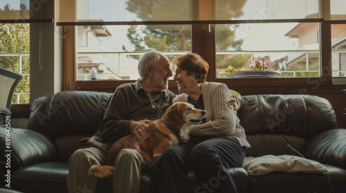 An elderly couple sitting on a cozy sofa, embracing each other lovingly with their pet dog nestled contentedly between them.