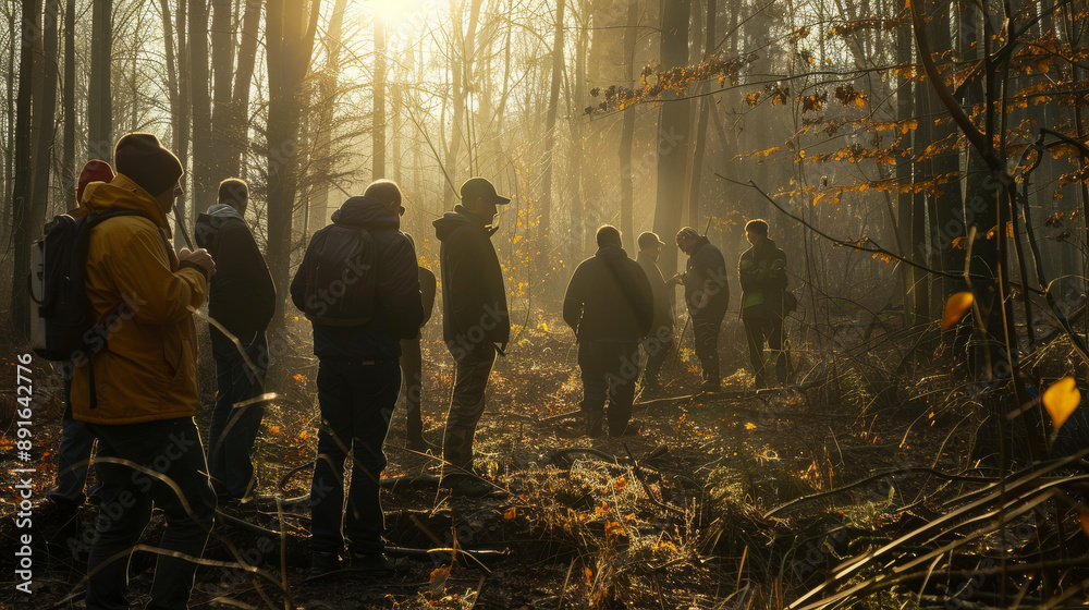 A group of people huddled together, walking through a misty forest at dawn, sunlight breaking through the trees, creating a mystical ambiance. A group of people huddled together, walking through a misty forest at dawn, sunlight breaking through the trees, creating a mystical ambiance.