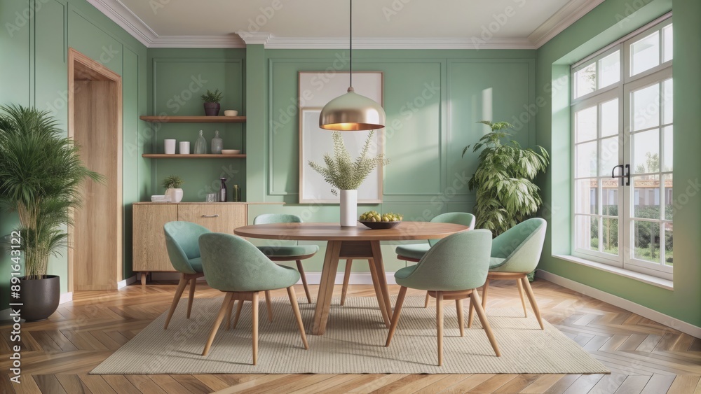 Elegant mint green chairs surround a rustic wooden dining table in a Scandinavian-inspired modern living room with a natural green accent wall. Elegant mint green chairs surround a rustic wooden dining table in a Scandinavian-inspired modern living room with a natural green accent wall.