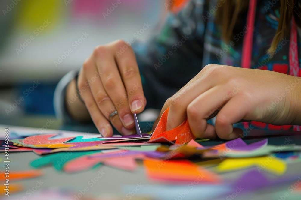 A close-up of a students hands carefully cutting paper shapes for a craft project A close-up of a students hands carefully cutting paper shapes for a craft project