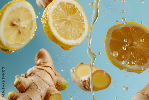 Lemon halves and slices flying in the air with ginger, pouring honey splash against blue background, diet nutrition and health concept background. photo