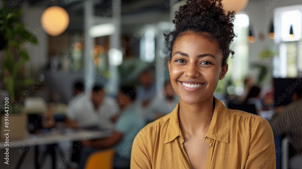 A joyful woman in a lively, contemporary office, beaming at the camera with coworkers bustling in the background. A joyful woman in a lively, contemporary office, beaming at the camera with coworkers bustling in the background.