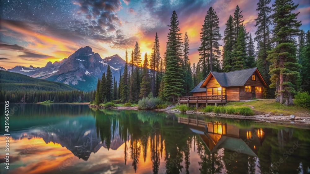Fototapeta premium Serene isolated cabin on tranquil lake shore surrounded by towering trees and majestic mountain, bathed in warm sunset colors and starry night sky.