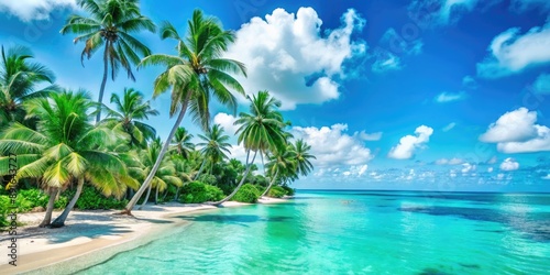 Tropical beach with palm trees and clear blue water , paradise, exotic, vacation, sand, relaxation, summer, sun © Sarunyu