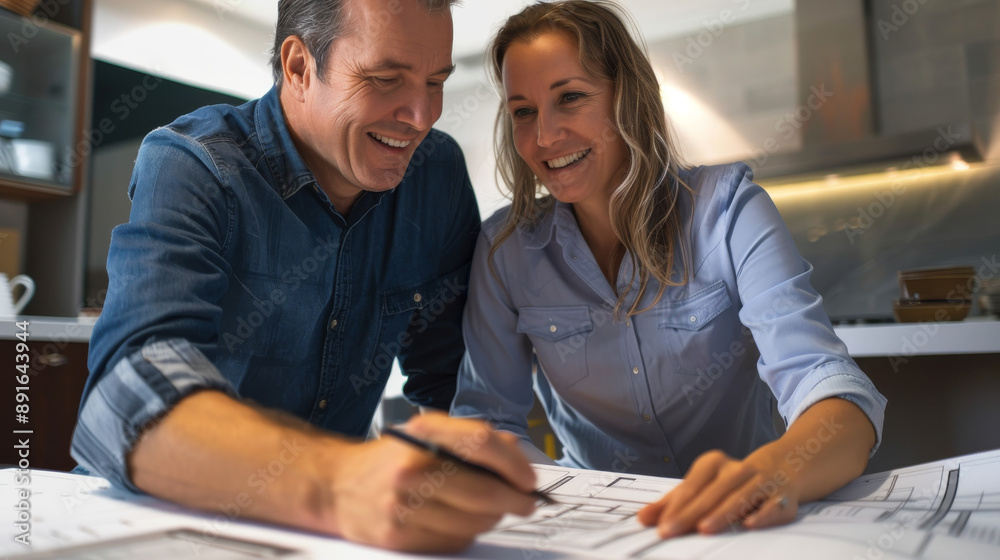 A happy couple discussing home improvement plans together at a table, with blueprints and a pen, sharing ideas and smiling warmly. A happy couple discussing home improvement plans together at a table, with blueprints and a pen, sharing ideas and smiling warmly.