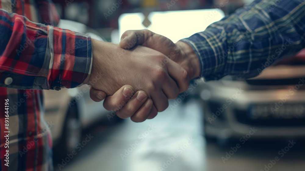 Close-up of a handshake between two individuals wearing plaid shirts in an automotive workshop, symbolizing agreement and partnership. Close-up of a handshake between two individuals wearing plaid shirts in an automotive workshop, symbolizing agreement and partnership.