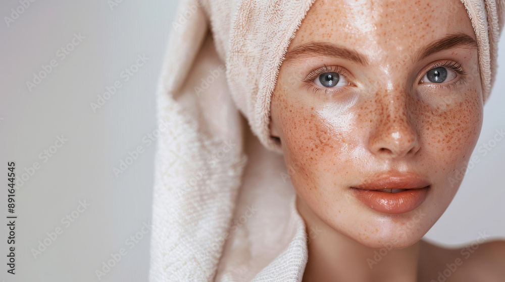 Close-up of a young woman with vibrant freckles, wrapped in a soft towel turban, showcasing glowing, fresh skin. Close-up of a young woman with vibrant freckles, wrapped in a soft towel turban, showcasing glowing, fresh skin.
