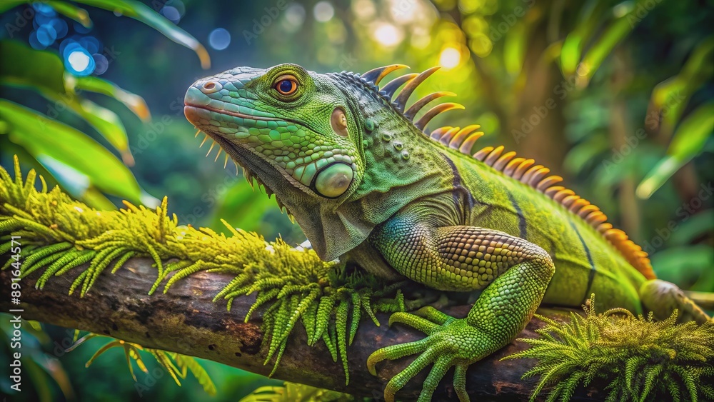 A vibrant green iguana perches regally on a moss-covered tree branch, basking in warm sunlight amidst lush tropical foliage surroundings. A vibrant green iguana perches regally on a moss-covered tree branch, basking in warm sunlight amidst lush tropical foliage surroundings.