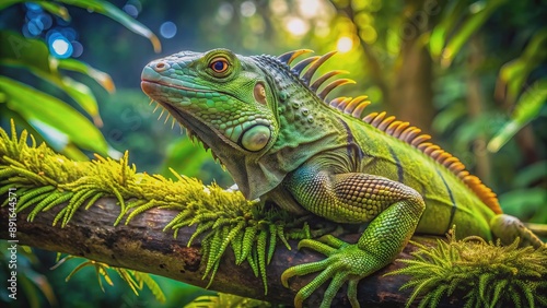 A vibrant green iguana perches regally on a moss-covered tree branch, basking in warm sunlight amidst lush tropical foliage surroundings.