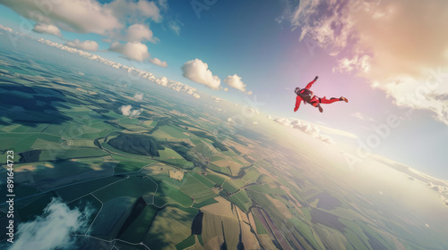 A skydiver in a red suit freefalls through a clear sky, with a panorama of green and brown fields below, bathed in soft sunlight. photo