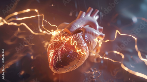 An artistic depiction of an electrified human heart, glowing with vibrant energy and pulsating with luminous threads. photo