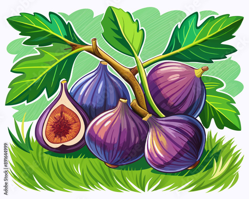  illustration Vector of fresh figs on a branch with leaves, isolated farm background, hand drawn vegetabes and fruit cartoon photo