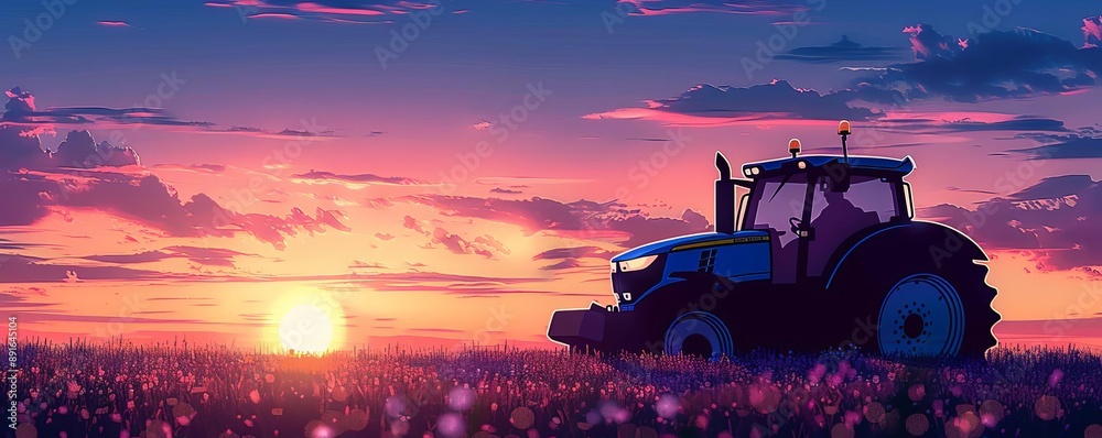Fototapeta premium Silhouette of a tractor in a field with the sun rising, digital illustration, vibrant colors, high detail