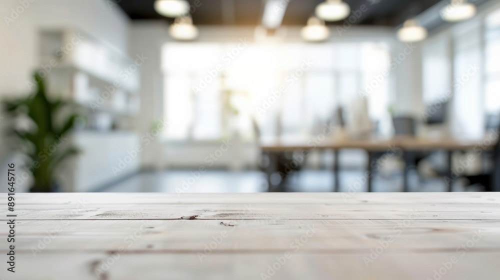 Empty wooden desk in a modern office space with bright lighting, blurred background for business and workspace Empty wooden desk in a modern office space with bright lighting, blurred background for business and workspace