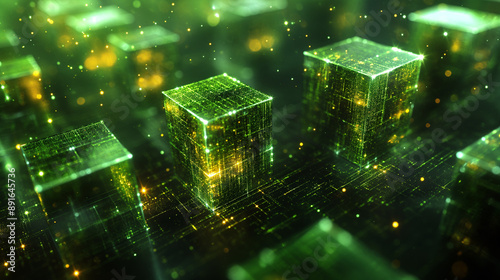 futuristic glass blockchain cubes conected in a network in outerspace with stars yellow-green palatiante blue.
