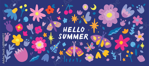 Hello summer vector hand drawn wild flower background with moth. Naive optimism trendy style . Dopamine design. Fields flower set
