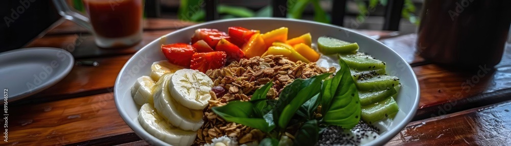 Healthy breakfast bowl with a variety of fresh fruits, granola, and greens on a wooden table with natural light. Healthy breakfast bowl with a variety of fresh fruits, granola, and greens on a wooden table with natural light.