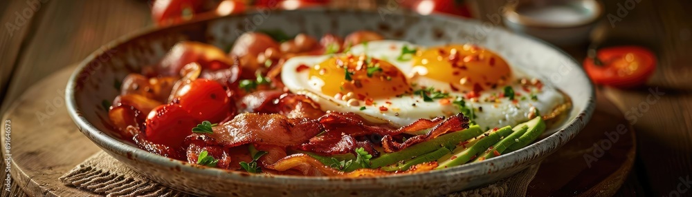 A delicious breakfast plate with sunny side up eggs, crispy bacon, and fresh vegetables served on a rustic wooden table