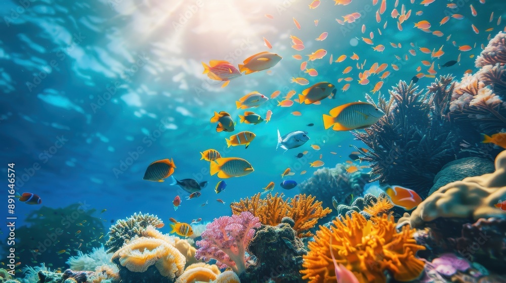 Fototapeta Vibrant Coral Reef Teeming with Diverse Marine Biodiversity in Crystal Clear Waters
