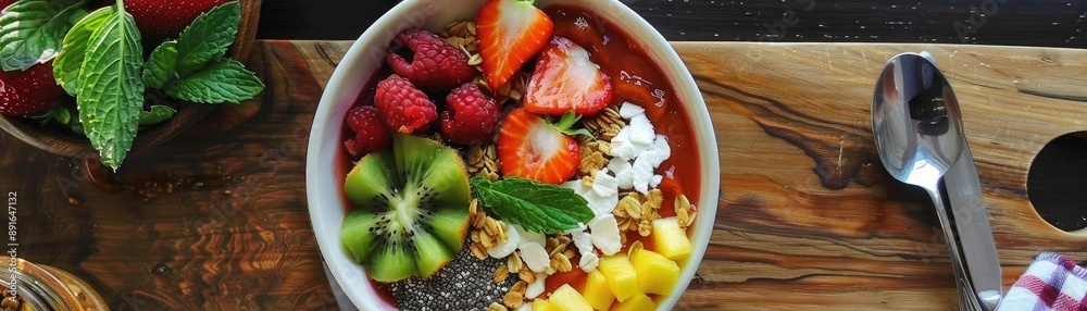 Healthy breakfast bowl with fresh fruits, nuts, and seeds on a wooden table, perfect for a nutritious start to the day. Healthy breakfast bowl with fresh fruits, nuts, and seeds on a wooden table, perfect for a nutritious start to the day.