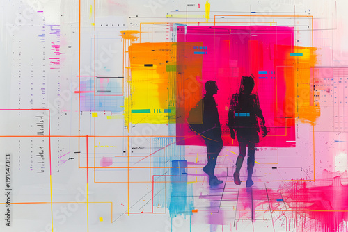 silhouettes de deux jeunes marchant dans un paysage urbain, peinture minimaliste géométrique colorée avec effets mathématiques pour entreprise de construction, logistique, transport, ingénierie