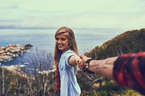 Obraz na płótnie Holding hands, happy woman and couple with pov for adventure, discovery or journey with love