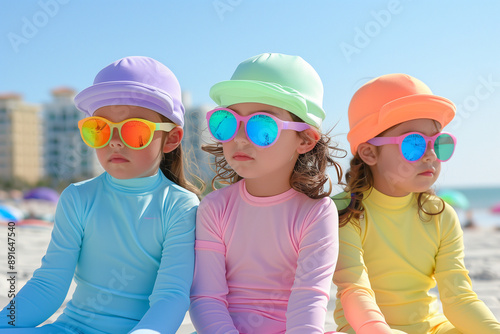 Trois petites filles stylées avec des lunettes de soleil, des chapeaux et des ensembles en couleurs pastel sur une plage d'une grande ville américaine, enfants stars du web photo