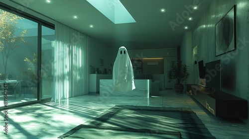 A ghostly spirit floating through a modern apartment, soft moonlight casting eerie shadows on the walls, Paranormal, Digital Art, Cool Tones, High Detail