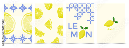 Lemon themed graphic designs with blue patterns of floral tiles on a light background. Vector naive illustration of whole lemon, slice of lemon for background, card, invitation or poster a4.