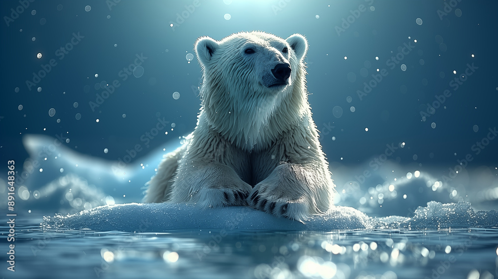 Majestic polar bear emerging from icy waters, bathed in ethereal blue light amidst falling snow. Concept of Arctic wildlife, natural beauty, and environmental conservation. Majestic polar bear emerging from icy waters, bathed in ethereal blue light amidst falling snow. Concept of Arctic wildlife, natural beauty, and environmental conservation.